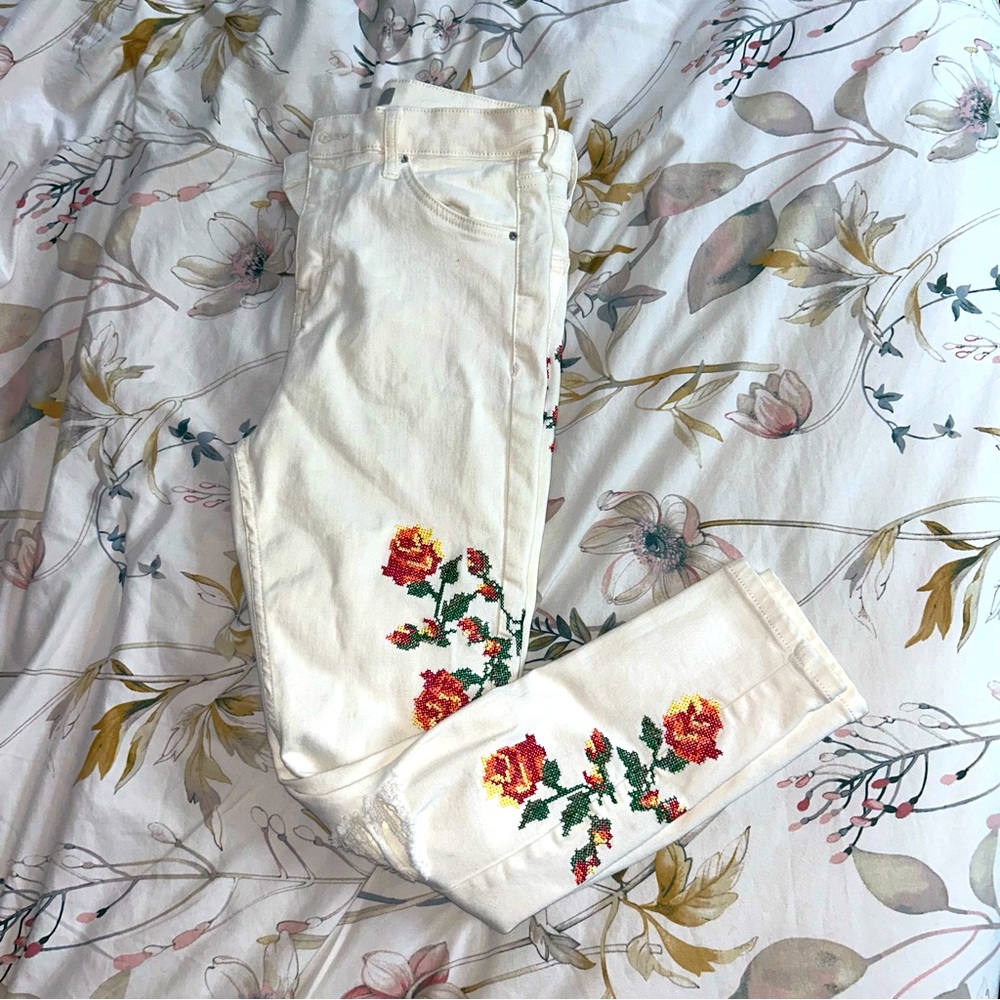 white floral embroidered topshop jeans